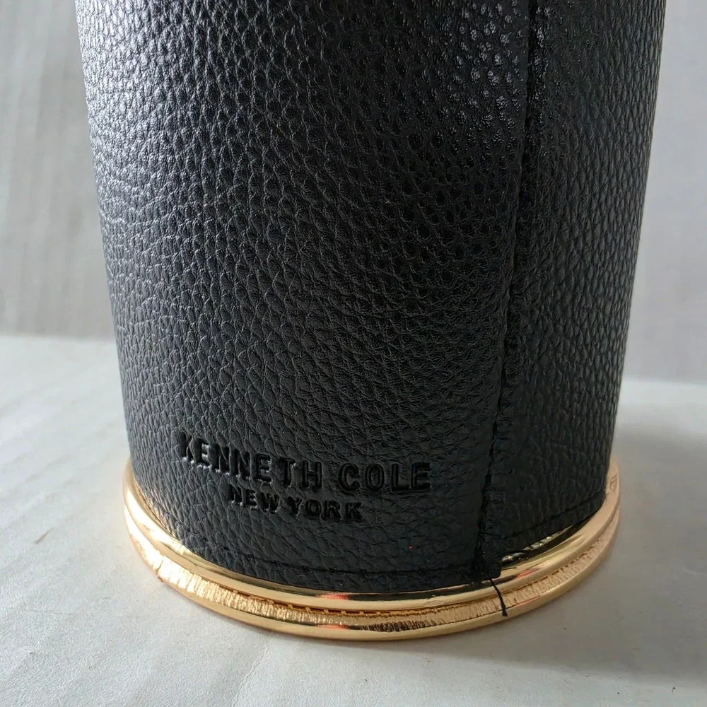 Kenneth Cole New York Leather Desk Organizer Pen Pencil Cup Holder Black Gold